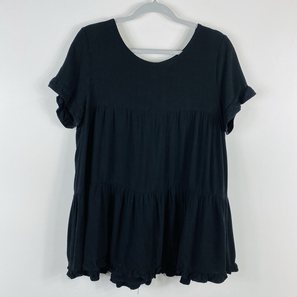Umgee Top Small Black Linen Cotton Ruffle Trim Short Sleeve Babydoll
